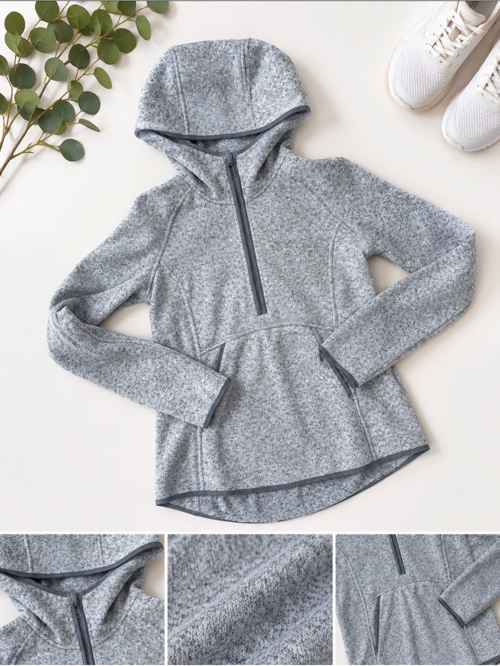 LULULEMON Gray Heather Quarter-Zip Hooded Pullover Sweater Sz 4